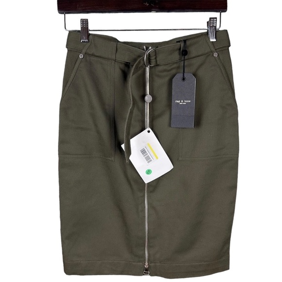 Rag & Bone Lora Olive Twill Pencil Skirt 2 New Exposed Zip Utility - Picture 2 of 11